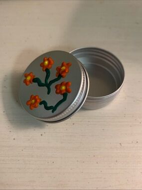 Hand-Painted Silver Tin with Bright Orange Flower Design